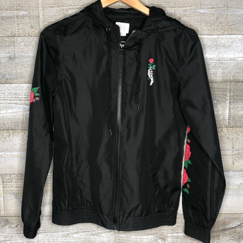 Empyre rose printed sleeve gothic rain hooded zip up jacket